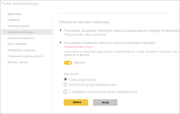 Ustawienia obszaru roboczego administratora usługi Power BI