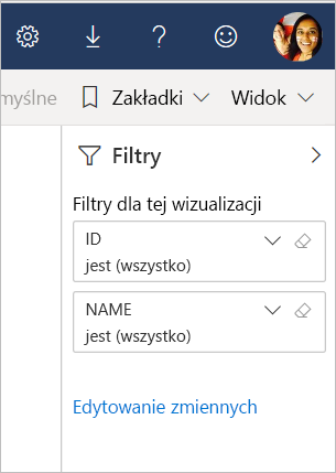 Zrzut ekranu przedstawiający link Edytuj zmienne w okienku Filtr.