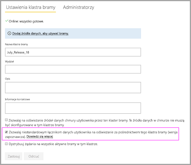 Screenshot that shows enabling custom connectors on the on-premises gateway Settings page.