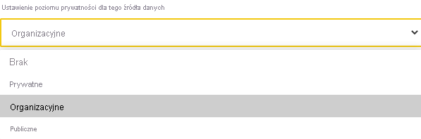 Zrzut ekranu przedstawiający wybór poziomu prywatności dla źródeł danych.