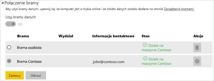 Screenshot that shows the gateway connection settings.