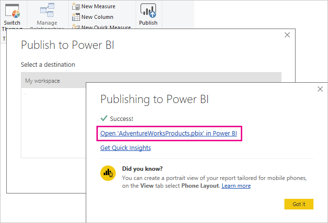 Zrzut ekranu publikowania w usłudze Power BI.