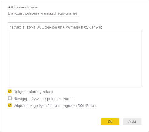 Zrzut ekranu przedstawiający opcje zaawansowane programu SQL Server