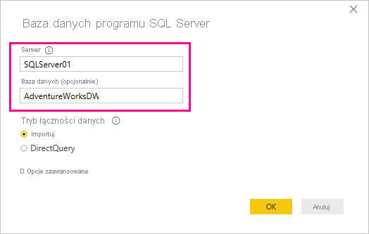 Zrzut ekranu przedstawiający okno dialogowe bazy danych programu SQL Server.