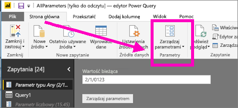 Screenshot of Power Query Editor Home tab showing Manage Parameters option in Power BI Desktop.