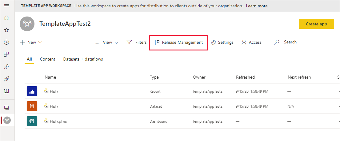 Zrzut ekranu przedstawiający usługę Release Management w obszarze roboczym szablonu.