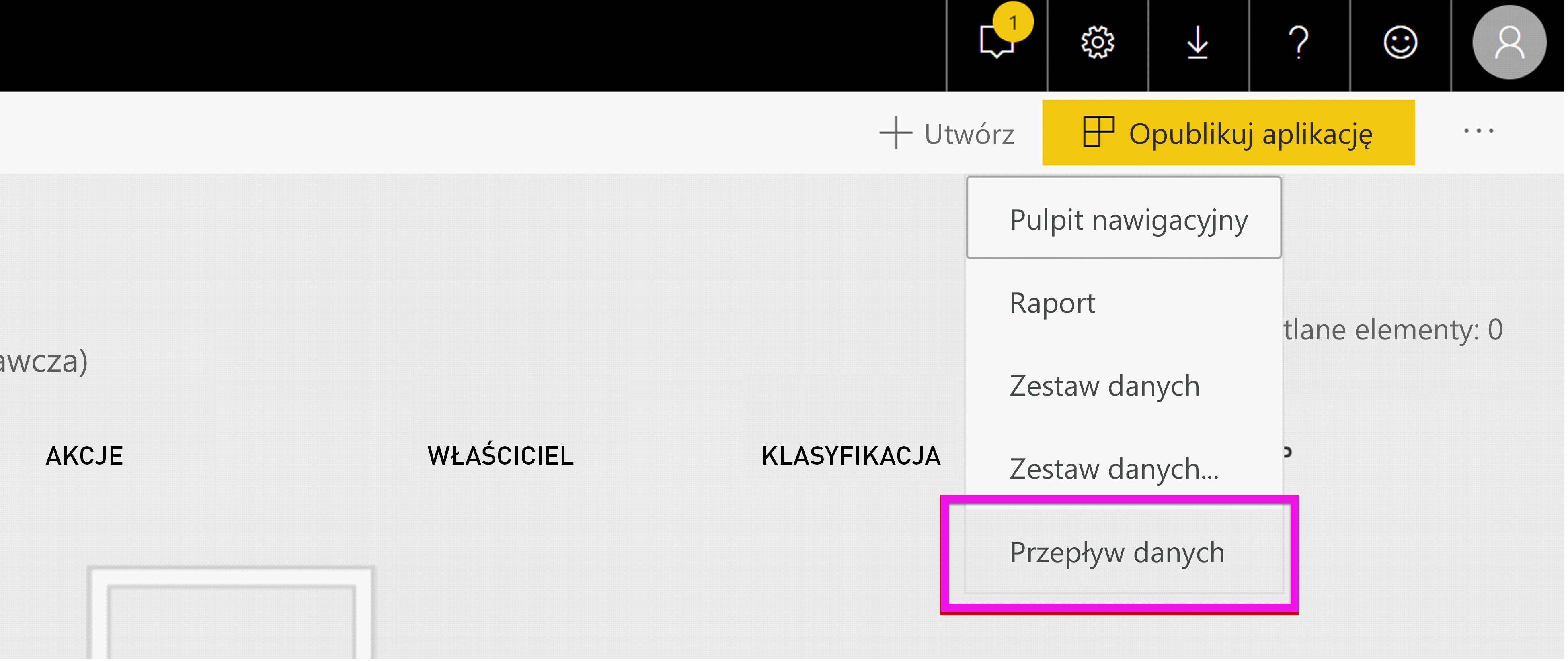 Screenshot shows the Power BI workspace with Create, then Dataflow, selected.