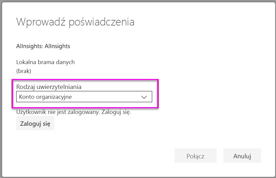 Screenshot shows the Enter credentials dialog box where you can specify Organizational account.