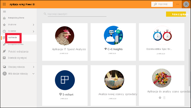Zrzut ekranu przedstawiający aplikacje wybrane w lewym okienku usługi Power BI.