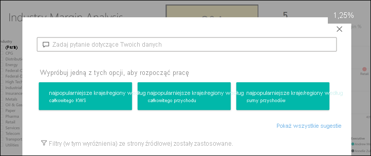 Zrzut ekranu przedstawiający otwarte okno Eksploratora pytań i odpowiedzi usługi Power BI z sugerowanymi pytaniami.