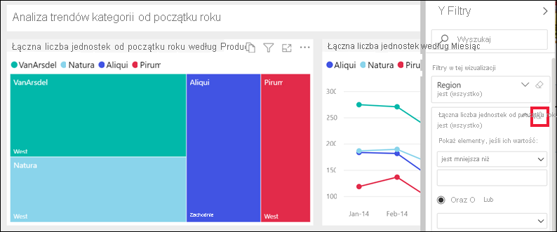 Zrzut ekranu przedstawiający raport z rozwiniętym okienkiem Filtry i wybraną ikoną gumki.