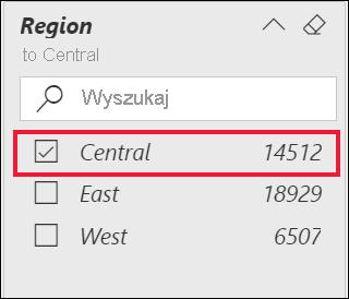 Zrzut ekranu przedstawiający rozwinięty filtr Region i wybraną opcję Środkowa.