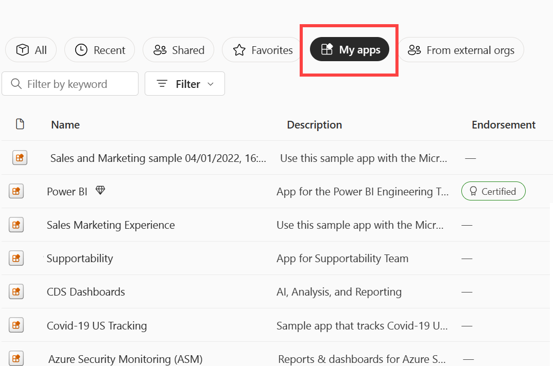 Zrzut ekranu przedstawiający sekcję Moje aplikacje Strona główna Power BI.
