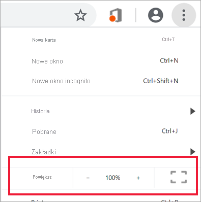 Zrzut ekranu przedstawiający kontrolki powiększenia przeglądarki.