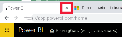 Zrzut ekranu przedstawiający znak x na karcie przeglądarki, aby zamknąć usługę Power BI.