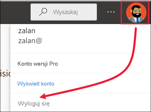 Zrzut ekranu przedstawiający menu profilu i wylogowywanie zostało opisane.