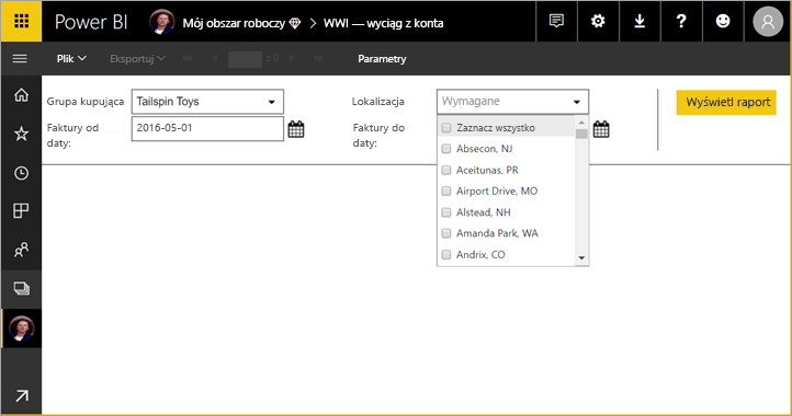 Screenshot of the Parameters to view the report with the required field highlighted.