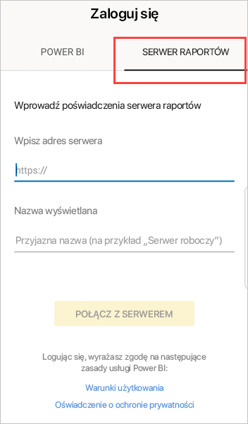 Zrzut ekranu przedstawiający okno dialogowe Logowanie z wyróżnionym serwerem raportów.