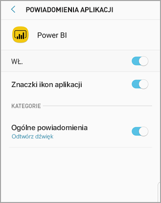 Zrzut ekranu przedstawia ekran telefonu z systemem Android zatytułowany Power BI, w którym można zezwolić na powiadomienia i zarządzać nimi.