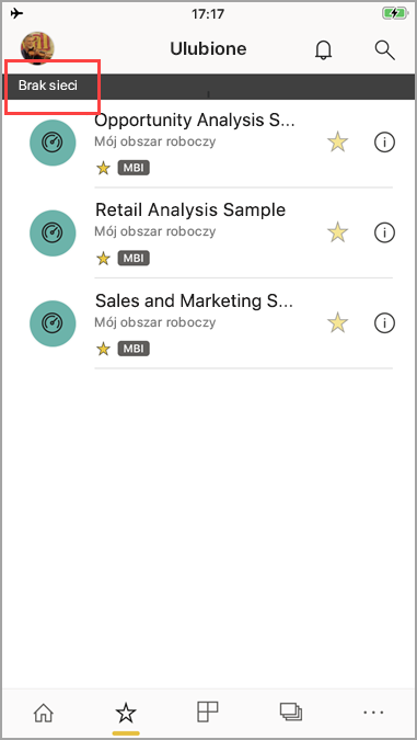 Zrzut ekranu przedstawiający aplikację mobilną Power BI z komunikatem 