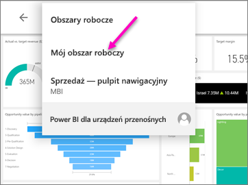 Zrzut ekranu przedstawia menu stron nadrzędnych na tablecie z systemem Android z wywołaną pozycją Mój obszar roboczy.