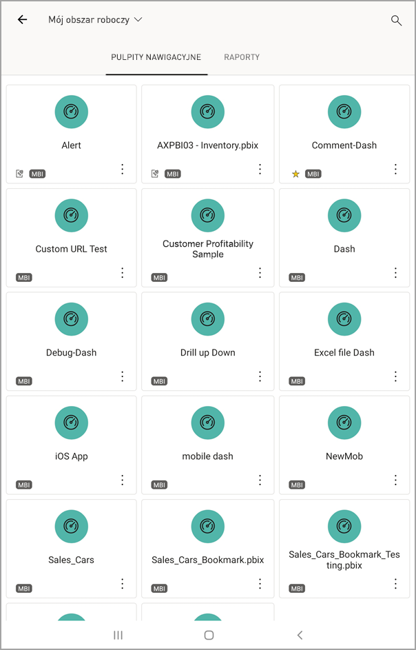 Zrzut ekranu przedstawiający ekran tabletu z systemem Android z wybraną funkcją Mój obszar roboczy z wybranymi pulpitami nawigacyjnymi.