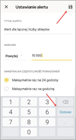 Zrzut ekranu przedstawiający ustawienie alertu z wskaźnikami do zapisywania i wykonywania.