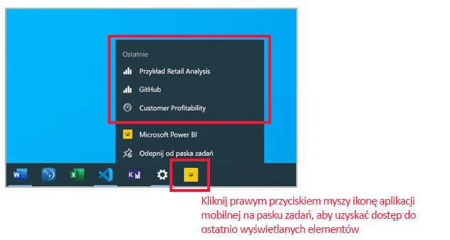 Menu szybkiego dostępu paska zadań