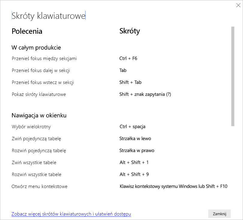 Zrzut ekranu przedstawiający skróty klawiaturowe w programie Power BI Desktop.