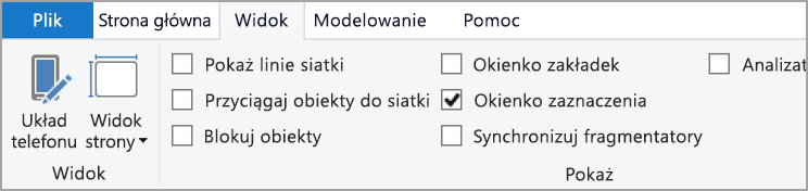 Zrzut ekranu przedstawiający kartę Widok na wstążce z wyróżnionym zaznaczeniem.