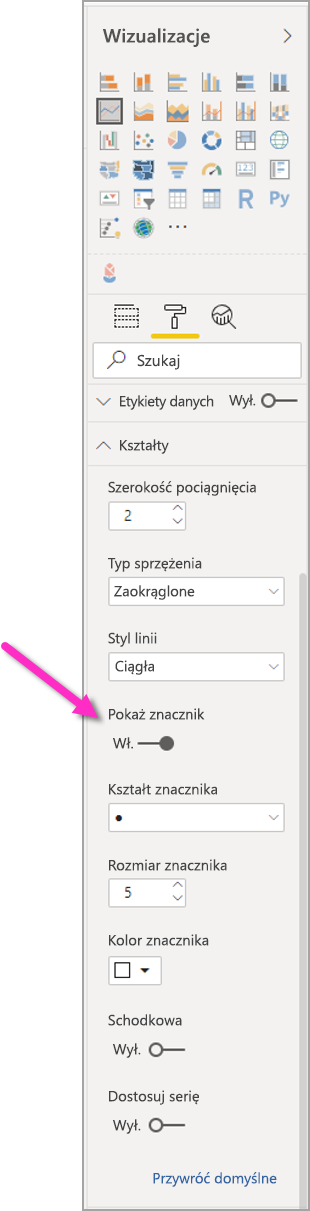 Zrzut ekranu przedstawiający okienko Wizualizacje z włączonymi znacznikami.