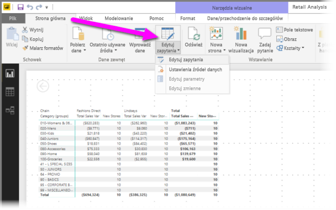 Zrzut ekranu przedstawiający program Power BI Desktop z wyróżnioną funkcją Przekształć dane.