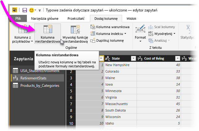 Zrzut ekranu przedstawiający Edytor Power Query z wyróżnioną kolumną niestandardową.