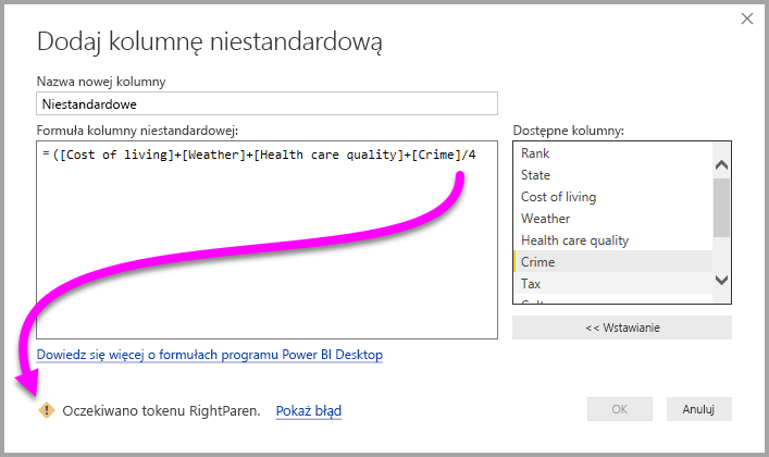 Zrzut ekranu przedstawiający okno dialogowe Kolumna niestandardowa z wyróżnioną ikoną ostrzeżenia i komunikatem o błędzie.