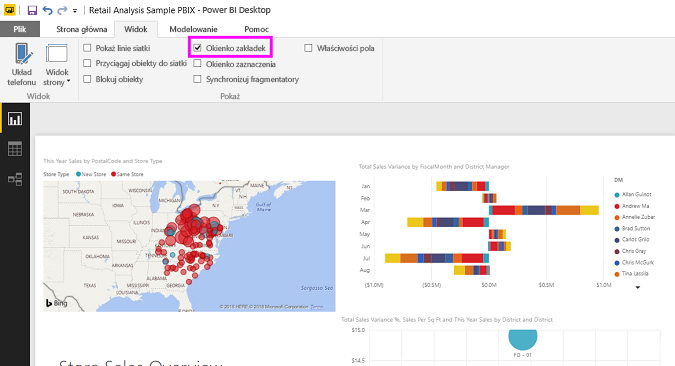 Zrzut ekranu przedstawiający sposób włączania okienka Zakładki w programie Power BI Desktop.