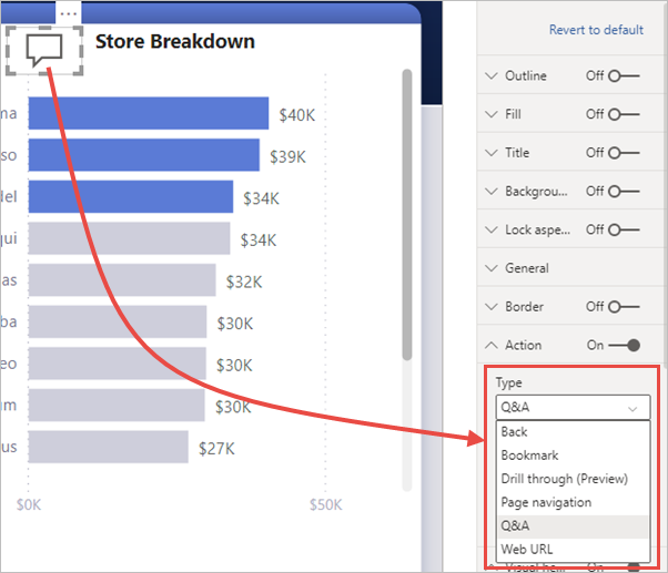 Zrzut ekranu przedstawiający opcje akcji dla przycisku w usłudze Power BI.