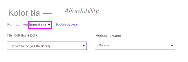 Okno dialogowe Stylu formatu dla koloru tła kolumny Affordability (Dostępność): lista rozwijana Stylu formatu jest ustawiona na wartość Pola.