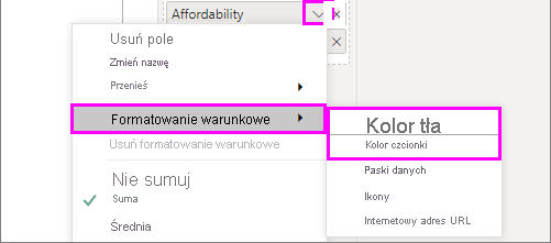 Kolor tła lub Kolor czcionki w menu formatowania warunkowego