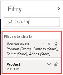 Zrzut ekranu przedstawiający okienko Filtry z wyróżnionymi zastosowanymi filtrami.