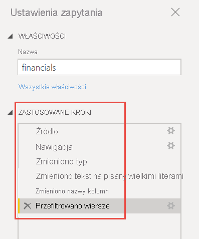 Zrzut ekranu przedstawiający listę zastosowanych kroków.