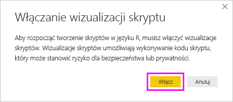 Zrzut ekranu przedstawiający okno dialogowe Włączanie wizualizacji skryptu z wyróżnioną pozycją Włącz.