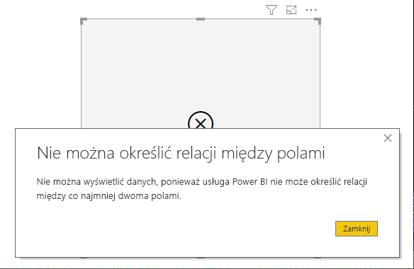 Zrzut ekranu przedstawiający okno dialogowe błędu z informacją Nie można określić relacji między polami.