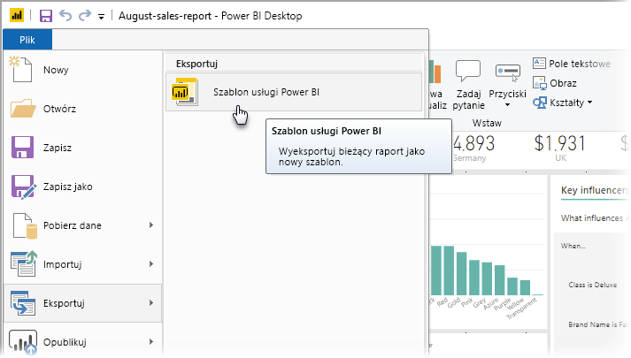 Zrzut ekranu programu Power BI Desktop przedstawiający opcje eksportu.