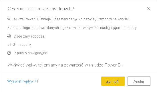 Zrzut ekranu przedstawiający okno dialogowe zamień ten semantyczny model ostrzegawczy.