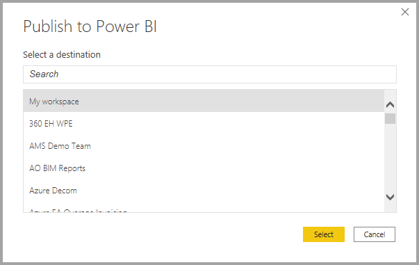 Zrzut ekranu przedstawiający okno dialogowe Publikowanie w usłudze Power BI.