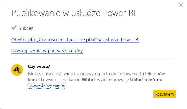 Zrzut ekranu przedstawiający okno dialogowe Publikowanie w usłudze Power BI.