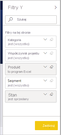 Zrzut ekranu przedstawiający okienko Filtry z zastosowanymi filtrami.