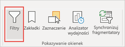 Zrzut ekranu przedstawiający kartę Widok z wyróżnionymi filtrami.