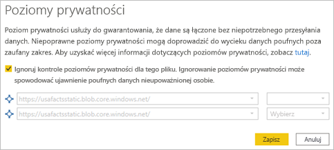 Zrzut ekranu przedstawiający sposób wybierania poziomów prywatności.