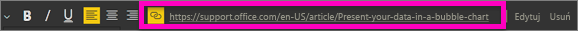 Zrzut ekranu przedstawiający pole tekstowe z wyróżnionym adresem URL w polu hiperłącza.
